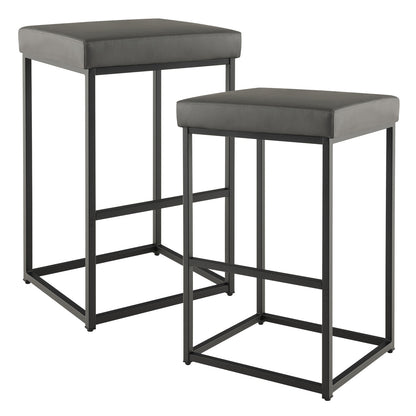 Pair of 30" Upholstered Barstools with PU Leather Cushions and Metal Frame in Grey