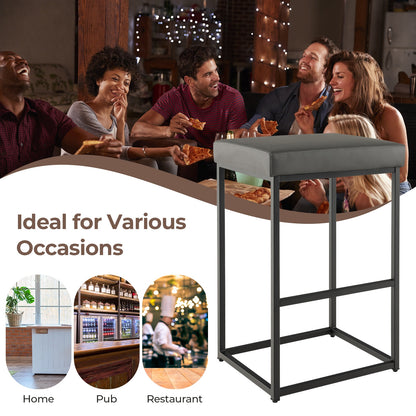 Pair of 30" Upholstered Barstools with PU Leather Cushions and Metal Frame in Grey