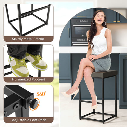 Pair of 30" Upholstered Barstools with PU Leather Cushions and Metal Frame in Grey