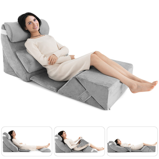 7 Piece Orthopedic Bed Wedge Pillow Set with Memory Foam, Adjustable Support & Washable Cover-Gray