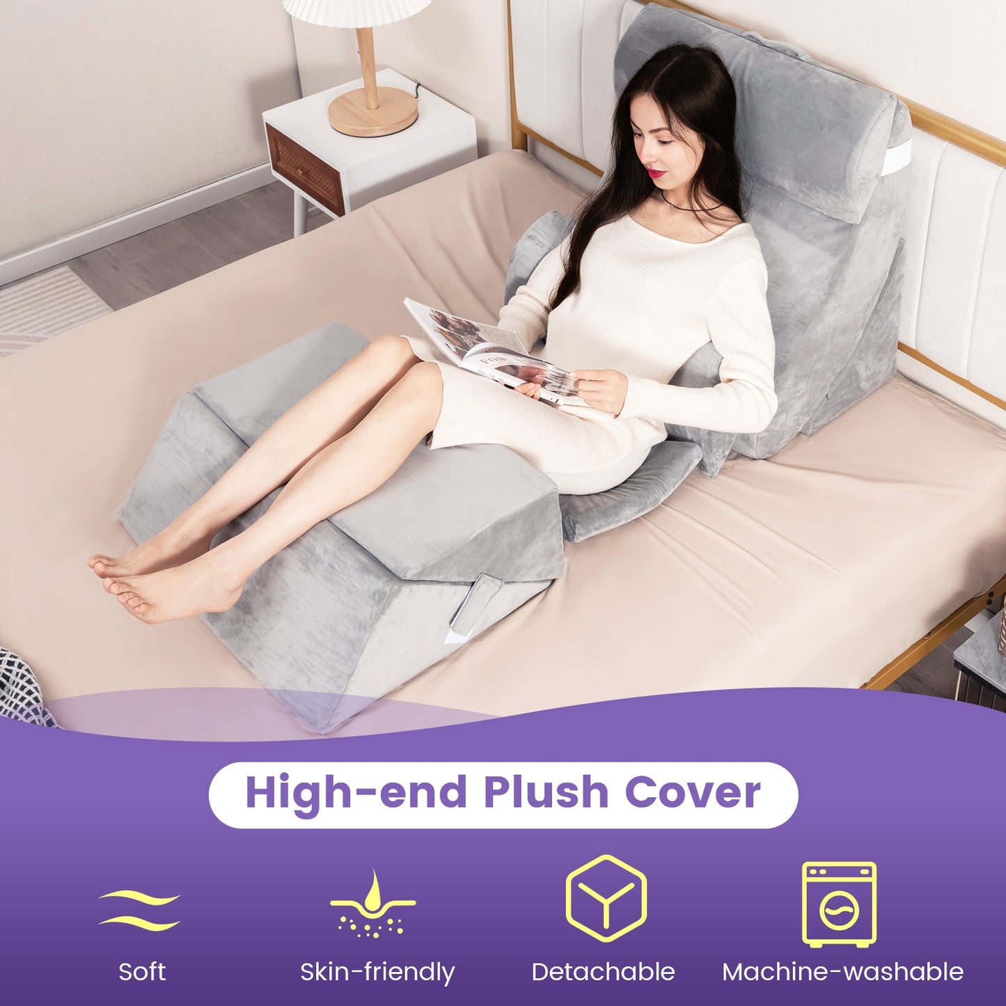 7 Piece Orthopedic Bed Wedge Pillow Set with Memory Foam, Adjustable Support & Washable Cover-Gray