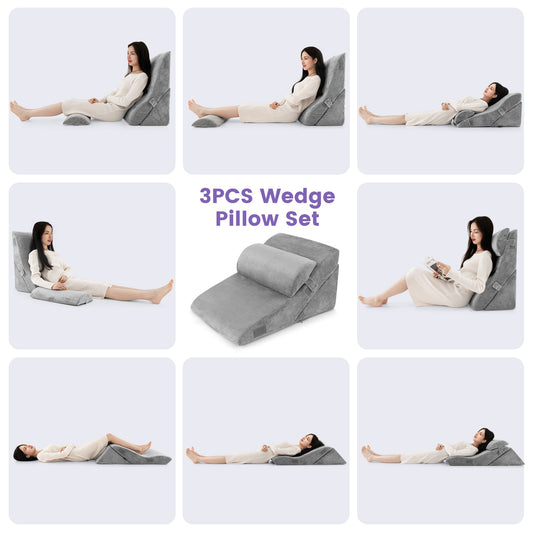3 Piece Adjustable Orthopedic Bed Wedge Pillow Set for Back, Neck & Leg Support