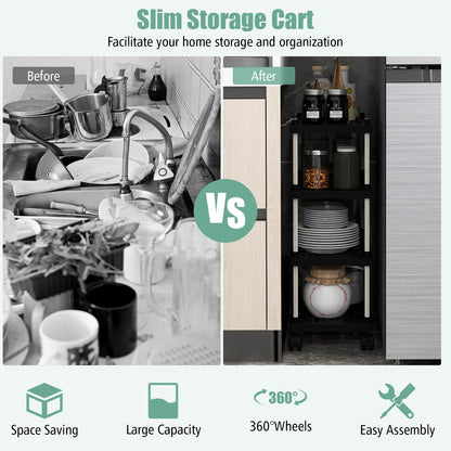 Slim Rolling Storage Cart with 4 Tiers and Locking Wheels