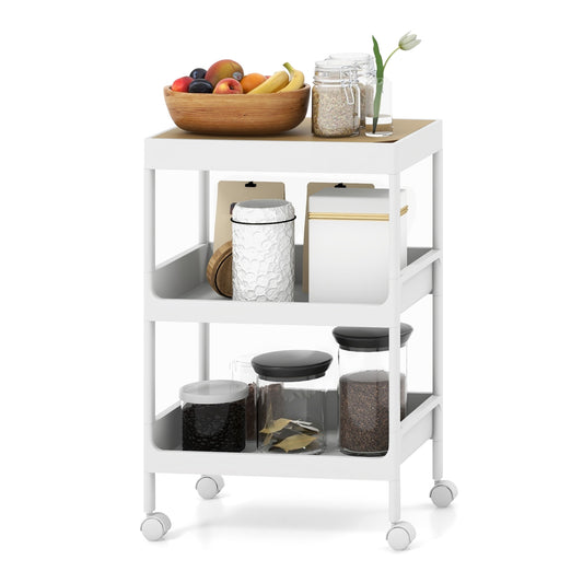 Compact 3 Tier Utility Cart with Removable Tray Top and Lockable Wheels for Kitchen Bathroom or Office