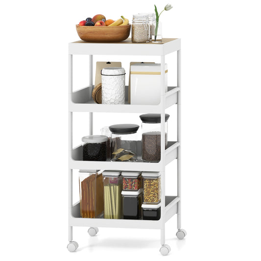 Compact 4 Tier Utility Cart with Removable Tray Top and Lockable Wheels for Kitchen Bathroom or Office