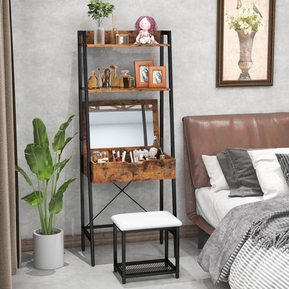 Modern Ladder Vanity Desk Set with Flip-Top Mirror, Storage Shelves, and Cushioned Stool – Black