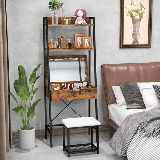 Modern Ladder Vanity Desk Set with Flip-Top Mirror, Storage Shelves, and Cushioned Stool – Black