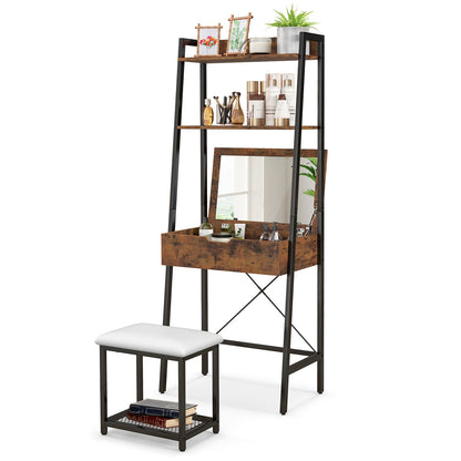 Modern Ladder Vanity Desk Set with Flip-Top Mirror, Storage Shelves, and Cushioned Stool – Black