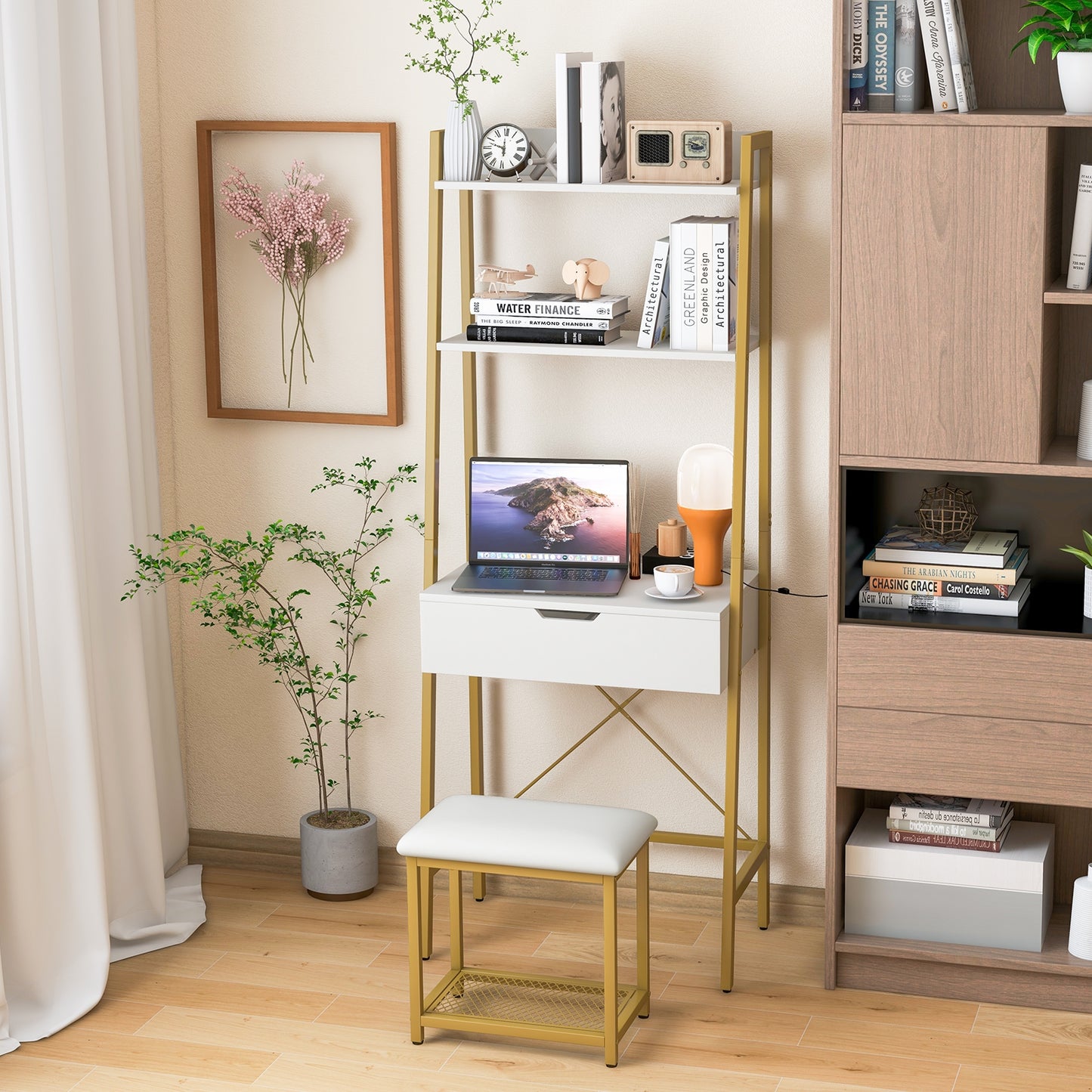 Modern Ladder Vanity Desk Set with Flip-Top Mirror, Storage Shelves, and Cushioned Stool – Golden