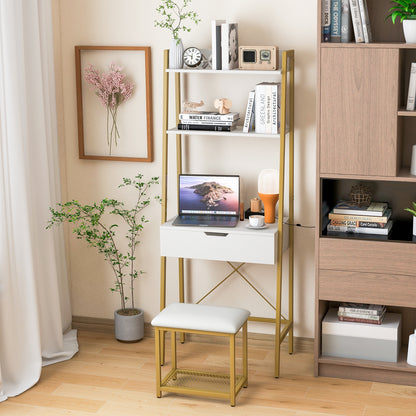 Modern Ladder Vanity Desk Set with Flip-Top Mirror, Storage Shelves, and Cushioned Stool – Golden