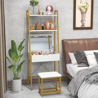Modern Ladder Vanity Desk Set with Flip-Top Mirror, Storage Shelves, and Cushioned Stool – Golden