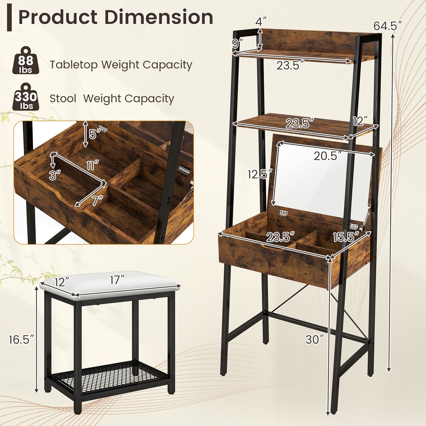 Modern Ladder Vanity Desk Set with Flip-Top Mirror, Storage Shelves, and Cushioned Stool – Black