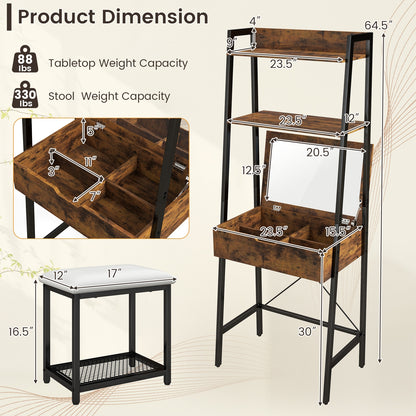 Modern Ladder Vanity Desk Set with Flip-Top Mirror, Storage Shelves, and Cushioned Stool – Black
