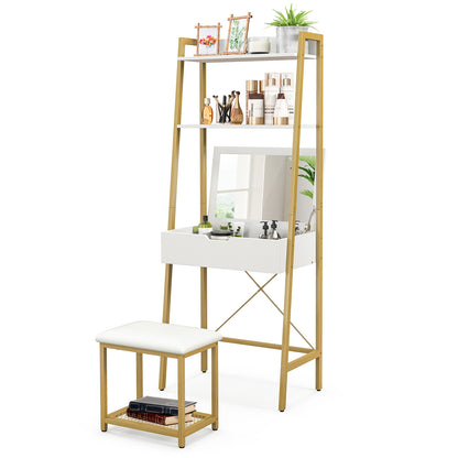 Modern Ladder Vanity Desk Set with Flip-Top Mirror, Storage Shelves, and Cushioned Stool – Golden