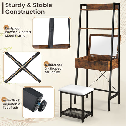 Modern Ladder Vanity Desk Set with Flip-Top Mirror, Storage Shelves, and Cushioned Stool – Black