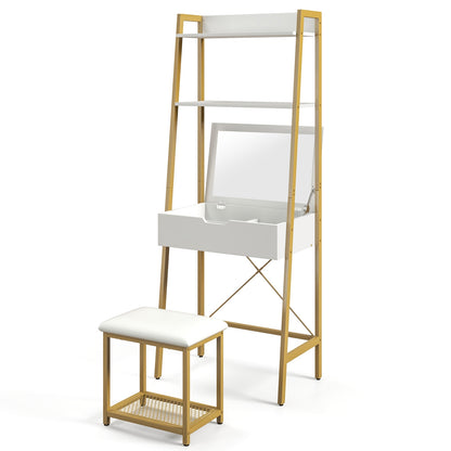 Modern Ladder Vanity Desk Set with Flip-Top Mirror, Storage Shelves, and Cushioned Stool – Golden
