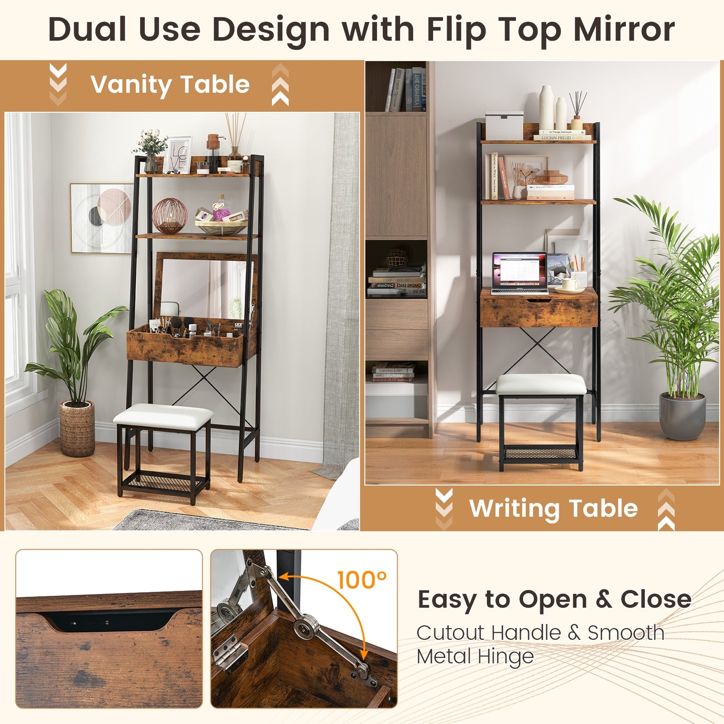 Modern Ladder Vanity Desk Set with Flip-Top Mirror, Storage Shelves, and Cushioned Stool – Black
