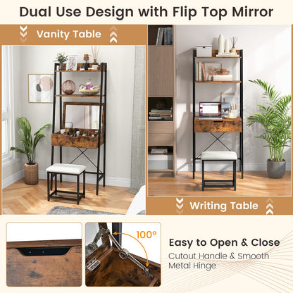 Modern Ladder Vanity Desk Set with Flip-Top Mirror, Storage Shelves, and Cushioned Stool – Black