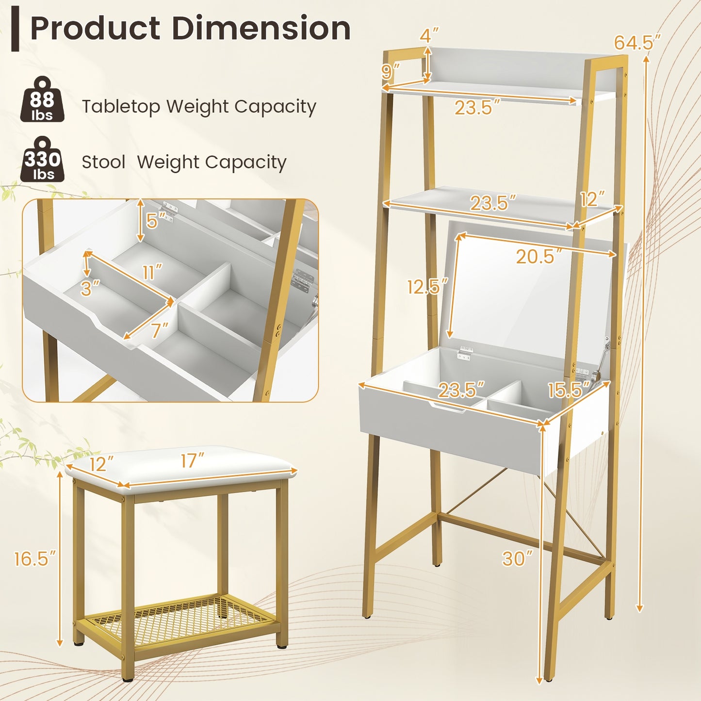 Modern Ladder Vanity Desk Set with Flip-Top Mirror, Storage Shelves, and Cushioned Stool – Golden