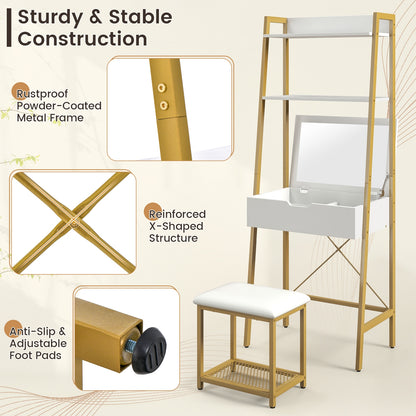 Modern Ladder Vanity Desk Set with Flip-Top Mirror, Storage Shelves, and Cushioned Stool – Golden