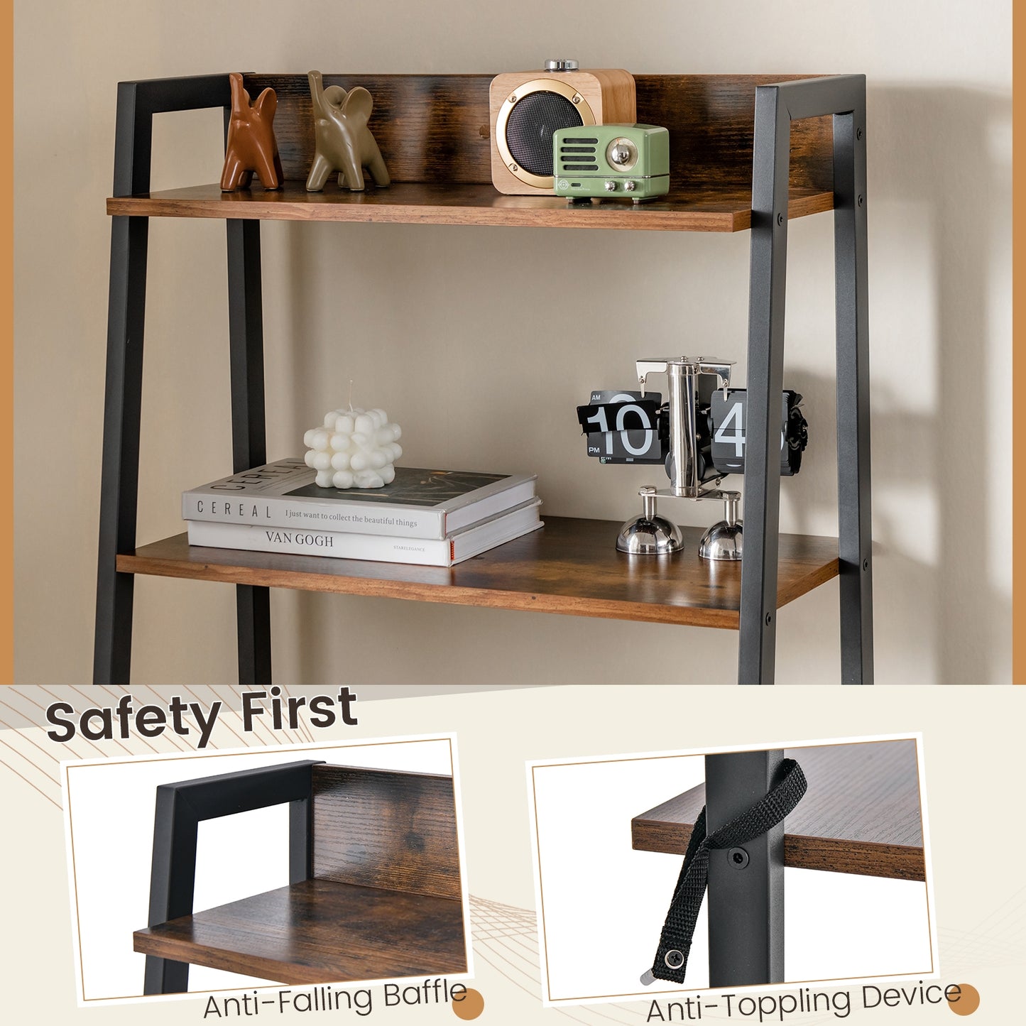Modern Ladder Vanity Desk Set with Flip-Top Mirror, Storage Shelves, and Cushioned Stool – Black