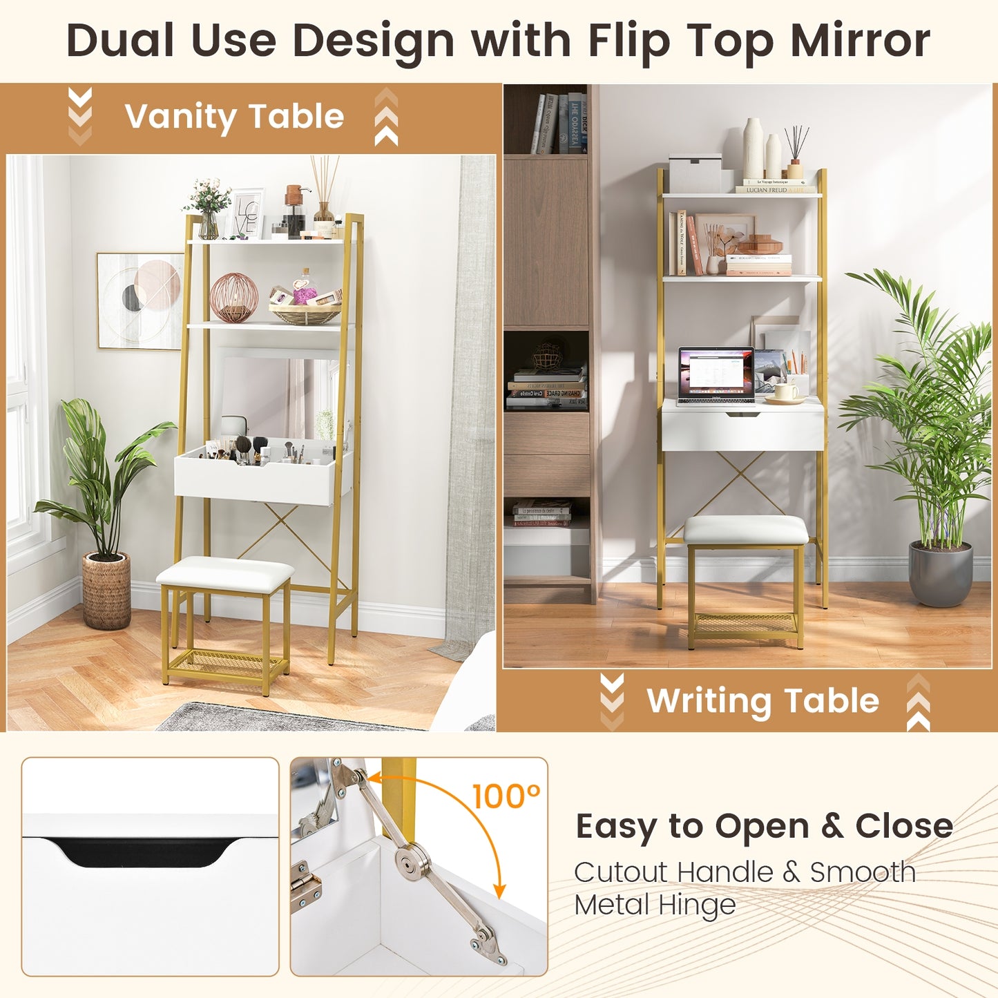 Modern Ladder Vanity Desk Set with Flip-Top Mirror, Storage Shelves, and Cushioned Stool – Golden