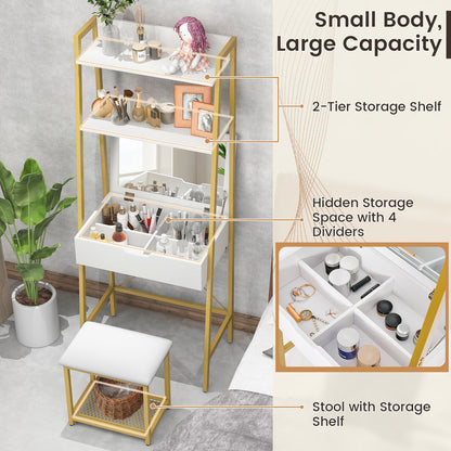 Modern Ladder Vanity Desk Set with Flip-Top Mirror, Storage Shelves, and Cushioned Stool – Golden