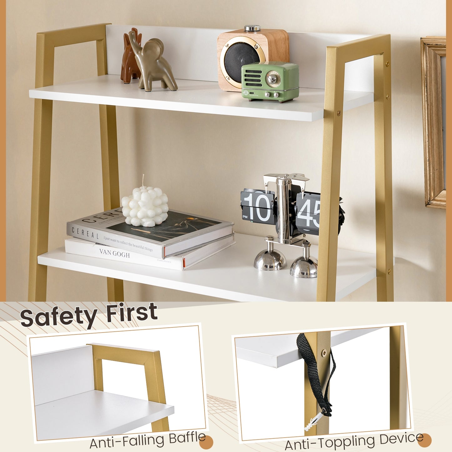 Modern Ladder Vanity Desk Set with Flip-Top Mirror, Storage Shelves, and Cushioned Stool – Golden