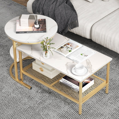 Modern Nesting Coffee Table Set with Faux Marble Top and Storage Shelf - Golden
