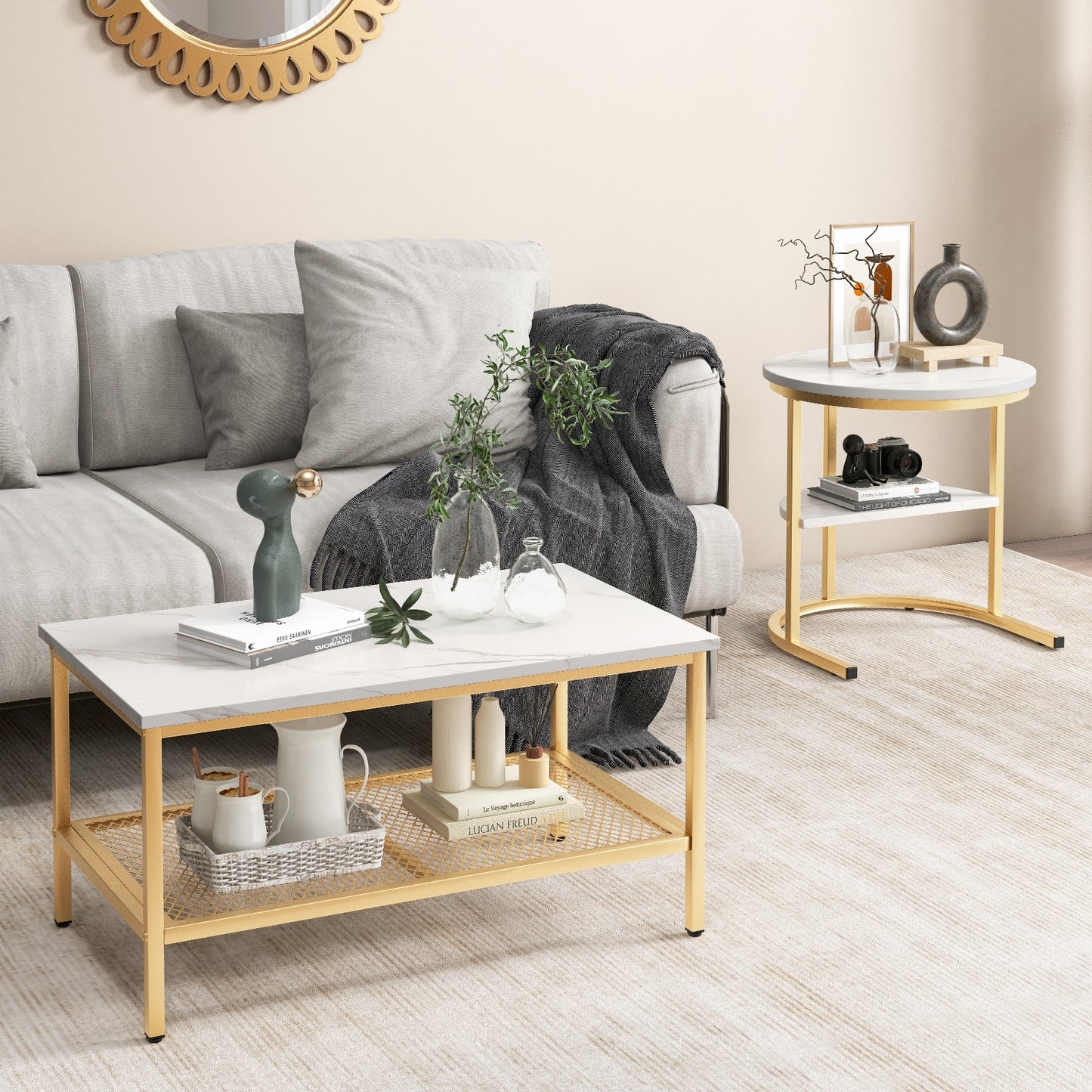 Modern Nesting Coffee Table Set with Faux Marble Top and Storage Shelf - Golden
