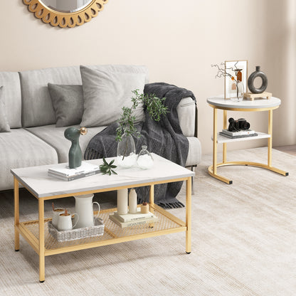 Modern Nesting Coffee Table Set with Faux Marble Top and Storage Shelf - Golden