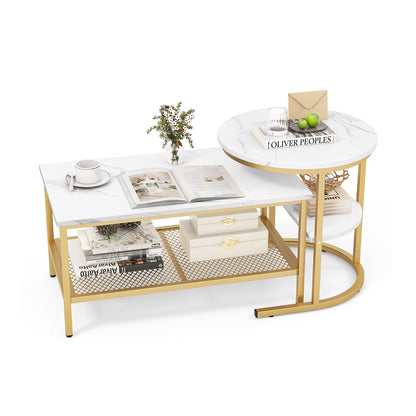 Modern Nesting Coffee Table Set with Faux Marble Top and Storage Shelf - Golden
