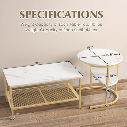 Modern Nesting Coffee Table Set with Faux Marble Top and Storage Shelf - Golden