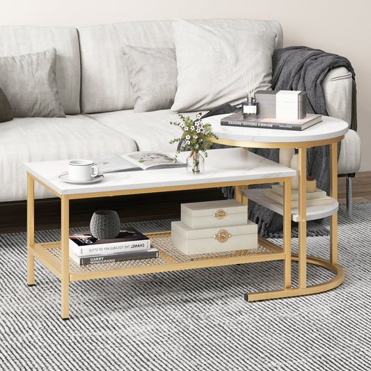 Modern Nesting Coffee Table Set with Faux Marble Top and Storage Shelf - Golden