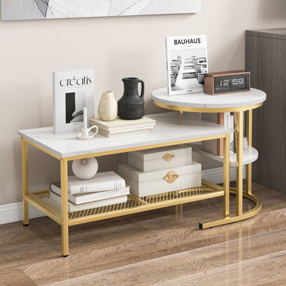 Modern Nesting Coffee Table Set with Faux Marble Top and Storage Shelf - Golden