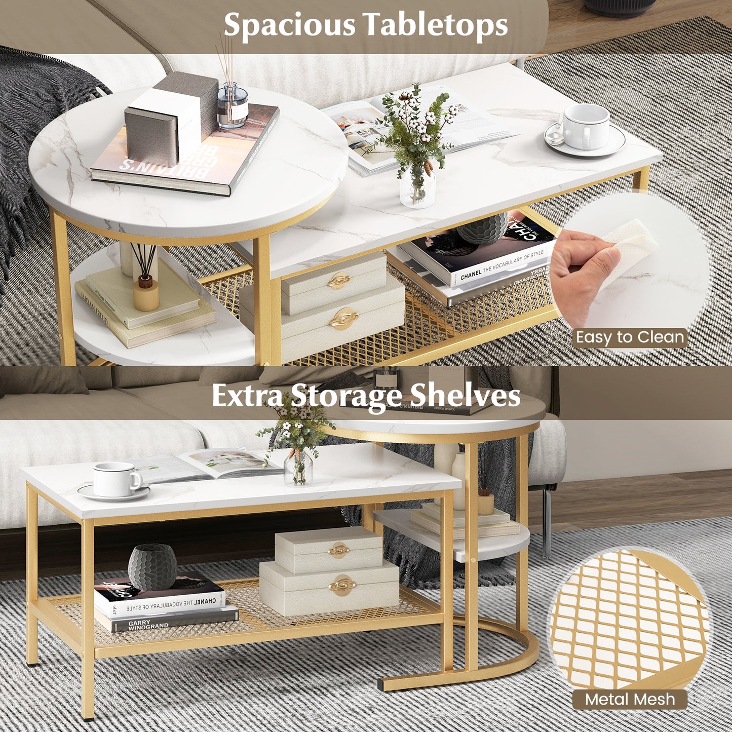 Modern Nesting Coffee Table Set with Faux Marble Top and Storage Shelf - Golden