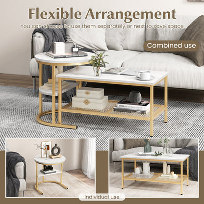 Modern Nesting Coffee Table Set with Faux Marble Top and Storage Shelf - Golden