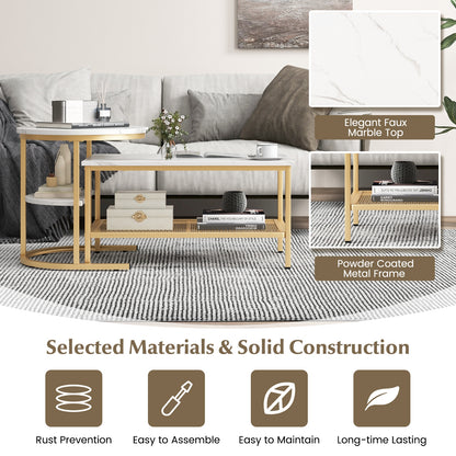 Modern Nesting Coffee Table Set with Faux Marble Top and Storage Shelf - Golden