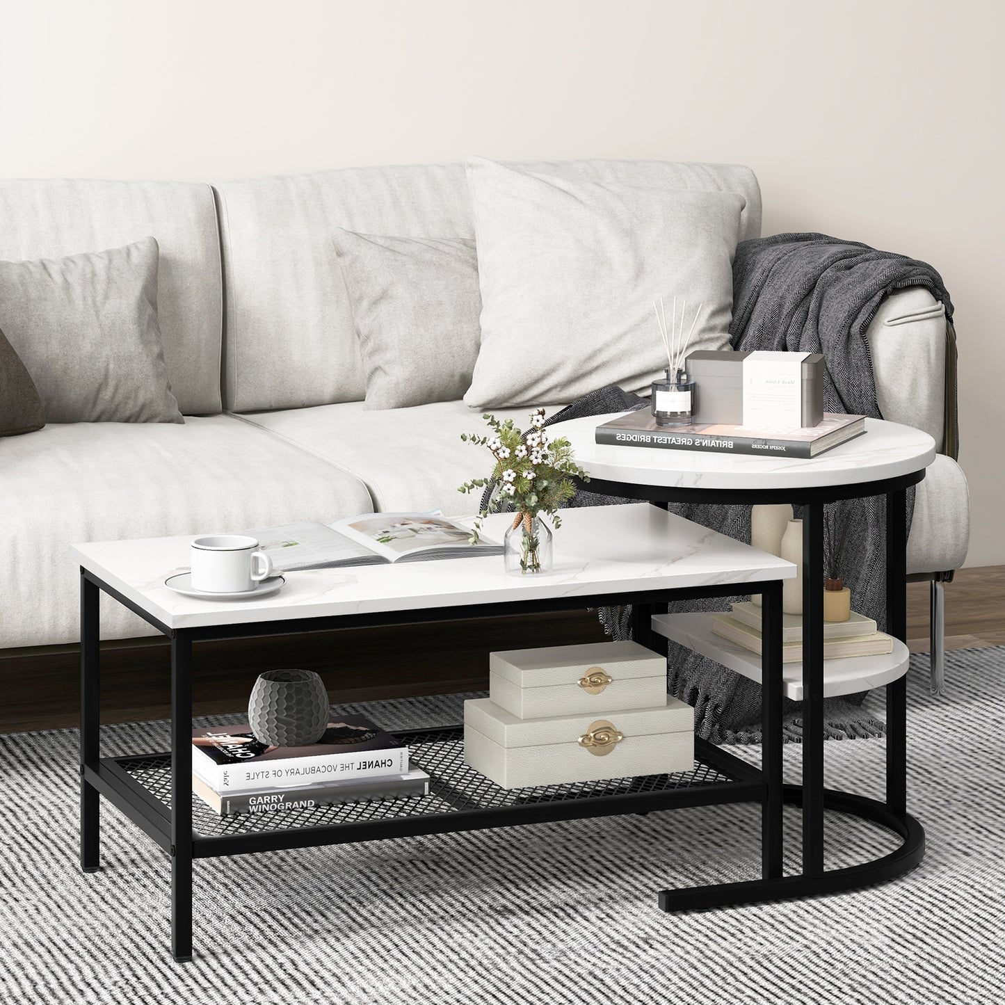 Modern Nesting Coffee Table Set with Faux Marble Top and Storage Shelf - Black