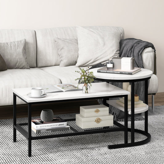 Modern Nesting Coffee Table Set with Faux Marble Top and Storage Shelf - Black