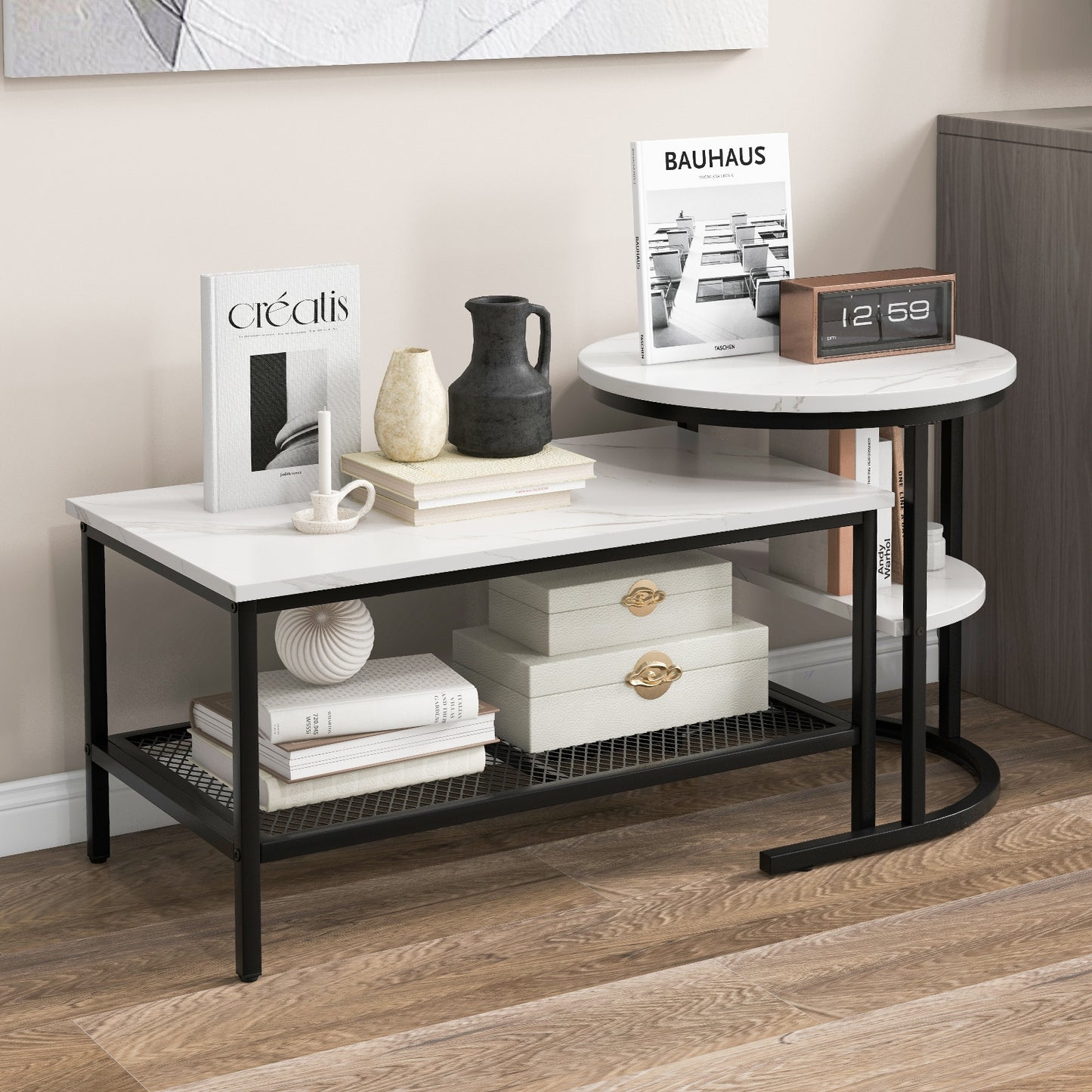 Modern Nesting Coffee Table Set with Faux Marble Top and Storage Shelf - Black