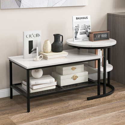 Modern Nesting Coffee Table Set with Faux Marble Top and Storage Shelf - Black
