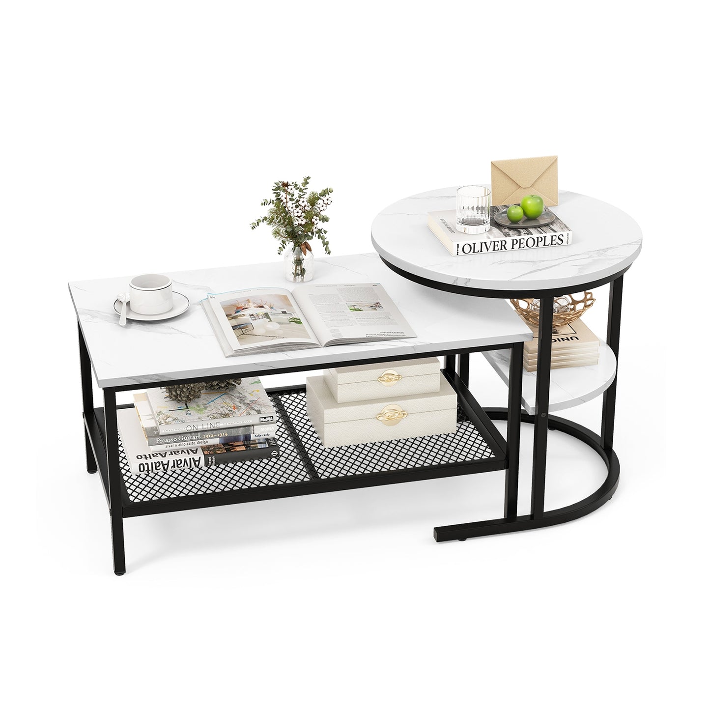 Modern Nesting Coffee Table Set with Faux Marble Top and Storage Shelf - Black