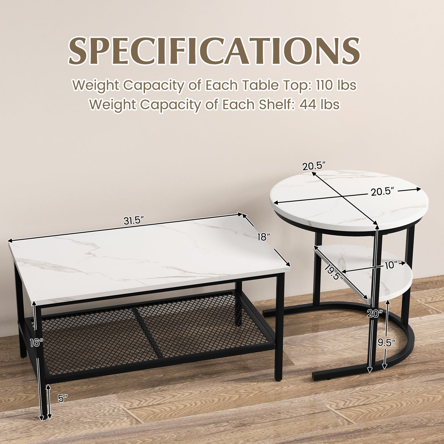 Modern Nesting Coffee Table Set with Faux Marble Top and Storage Shelf - Black