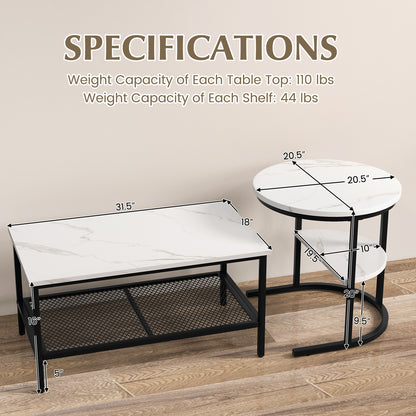 Modern Nesting Coffee Table Set with Faux Marble Top and Storage Shelf - Black
