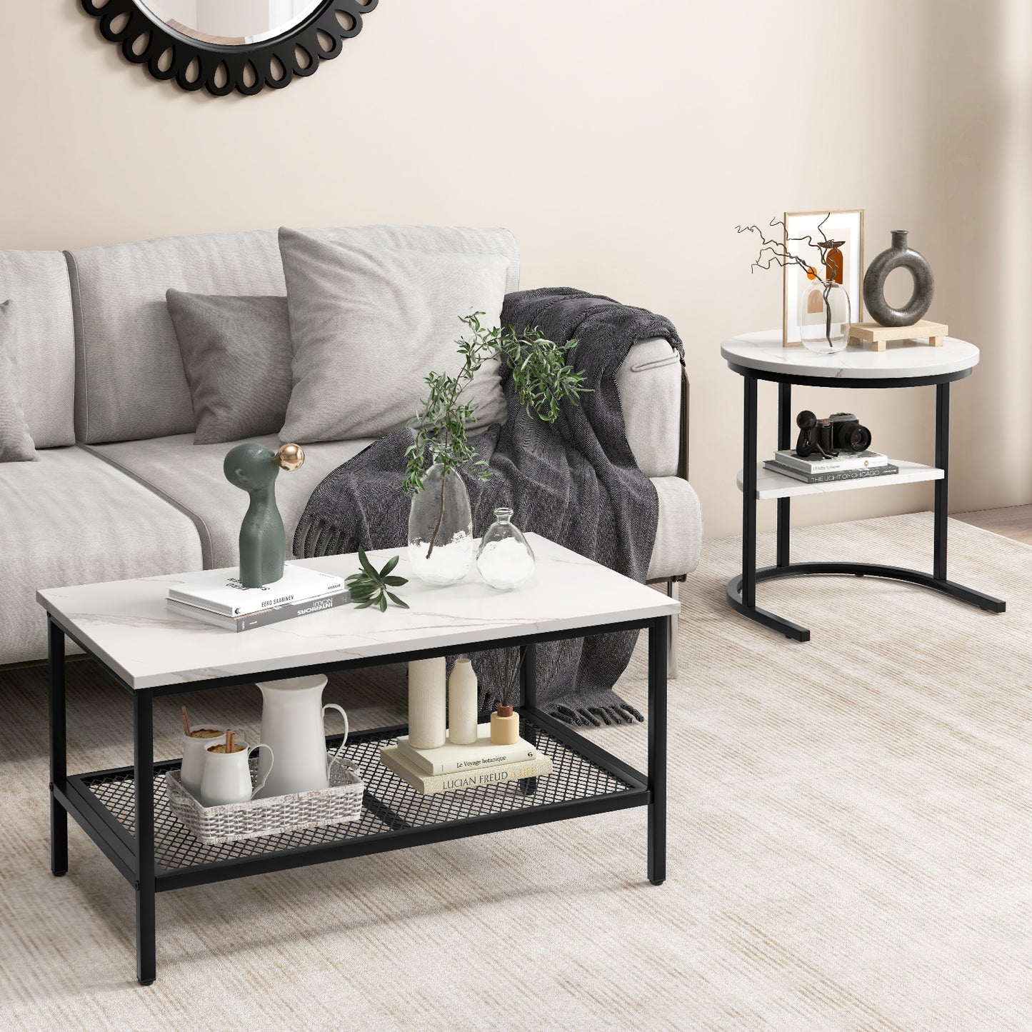 Modern Nesting Coffee Table Set with Faux Marble Top and Storage Shelf - Black