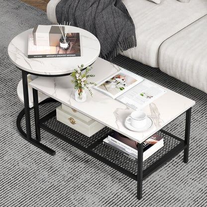 Modern Nesting Coffee Table Set with Faux Marble Top and Storage Shelf - Black