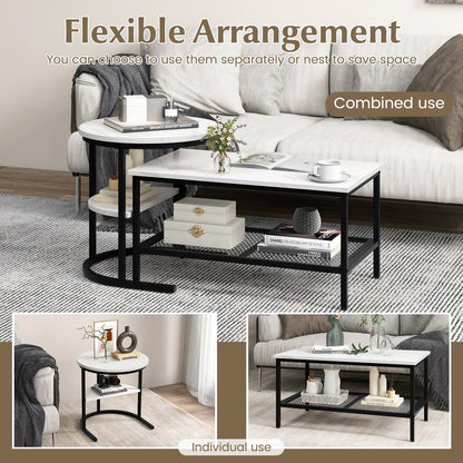 Modern Nesting Coffee Table Set with Faux Marble Top and Storage Shelf - Black