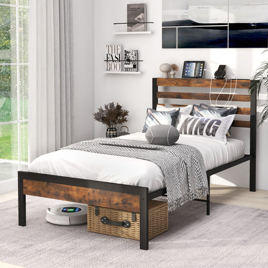 Rustic Brown Metal Platform Bed Frame with Storage Headboard and Built-in Charging Station - Twin Size