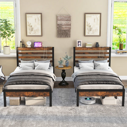 Rustic Brown Metal Platform Bed Frame with Storage Headboard and Built-in Charging Station - Twin Size